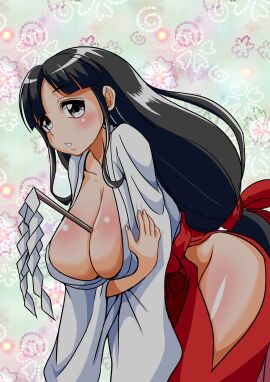 1girls between_breasts big_breasts black_hair breast_hold breasts busty cleavage crossed_arms female female_only grey_eyes highres huge_breasts japanese_clothes kiki_kaikai leaning_forward legs long_hair long_skirt long_sleeves looking_at_viewer miko original parted_lips pocky_(pocky_and_rocky) pocky_and_rocky pose posing sayo_(kiki_kaikai) sensual sexually_suggestive shrine_maiden skirt solo thick_thighs thighs