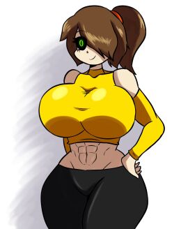 1girls abs black_pants black_sclera breasts brown_hair dominant_female female full_comfort_style green_eyes huge_breasts huge_thighs nur_valmy oc ponytail tomboy yellow_shirt