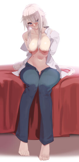 9a-91_(girls'_frontline) blue_eyes blush breasts breasts_out female girls'_frontline jeans long_sleeves medium_breasts ohc. simple_background sitting sitting_on_bed tagme undressing white_background white_hair