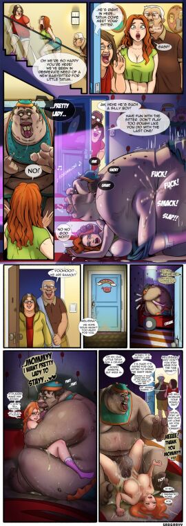 babysitter bad_parenting bib breasts censored comic cum disgusted english_text excessive_cum fat_male female green_eyes grey_skin large_breasts larger_male male mosaic_censoring orange_hair original overweight_male pain red_hair sadgravy size_difference smaller_female straight suffering text ugly what