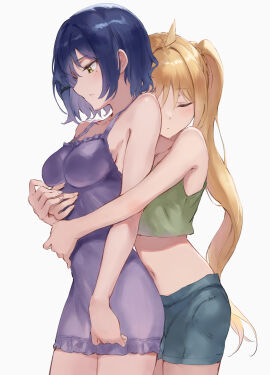 2girls absurd_res absurdres ahoge arm_around_another arm_around_partner arm_around_waist armpits arms_around_partner arms_around_torso arms_around_waist belly belly_button blonde-haired_female blonde_eyebrows blonde_female blonde_hair blue-haired_female blue_eyebrows blue_hair bocchi_the_rock! breasts busty busty_female busty_teenager camisole cleavage closed_eyes collarbone dot_nose elbows female female_focus female_only fingernails fingers green-eyed_female green_eyes green_tank_top green_topwear hair_between_eyes hair_clips hairclip hairclips hand_hand_on_stomach hand_on_another's_belly hand_on_another's_stomach high_resolution high_school_student highres hugging hugging_another hugging_from_behind ijichi_nijika jean_shorts jeans jojobirdz lean_figure legs lesbian_focus lesbian_only light-skined_female light-skinned_female light_skin long_hair looking_down looking_down_at_another looking_down_at_partner medium_breasts medium_hair mole_under_eye mole_under_left_eye multiple_females multiple_girls mutual_yuri narrow_waist navel pale-skinned_female pale_skin ponytail purple_camisole purple_topwear school_girls schoolgirl shoulders side_ponytail sideboob simple_background slender_body slender_waist slim_female slim_waist small_breasts smooth_skin standing tank_top teenage_female teenager thick_thighs thighs thin_waist topwear underboob upper_body wavy_hair white_background yamada_ryou yuri