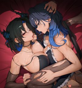 2girls after_kiss bedroom_eyes big_breasts black_hair blue_hair bottomless bra bra_strap_slip breasts cleavage female female_only greatodoggo hololive hololive_english hololive_english_-advent- hololive_english_-council- hololive_english_-promise- horny huge_breasts implied_sex kissing legs_around_partner lesbian_sex long_hair looking_at_viewer nerissa_ravencroft ouro_kronii ripped_pantyhose saliva saliva_trail virtual_youtuber yuri