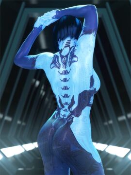 1girls 3d arms_behind_head arms_up ass ass_focus back_view big_ass big_butt blender blender_(software) blue_body blue_hair blue_skin bob_cut breasts cortana female halo_(series) hands_behind_head no_artist_signature pose posing science_fiction sideboob solo solo_female video_games word2