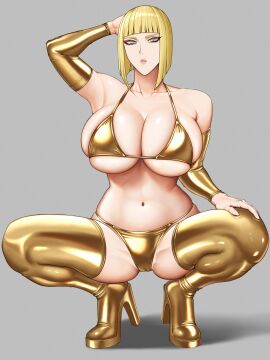 1girls arm_behind_head arm_up bare_shoulders bikini blonde_hair blue_eyes blunt_bangs boots breasts cleavage collarbone elbow_gloves female gloves gold_bikini gold_boots golden_bikini grey_background high_heel_boots high_heels highres hihizaru_badass large_breasts latex latex_boots looking_at_viewer naruto naruto_(series) naruto_shippuden navel open_mouth samui simple_background solo squatting swimsuit thigh_boots voluptuous