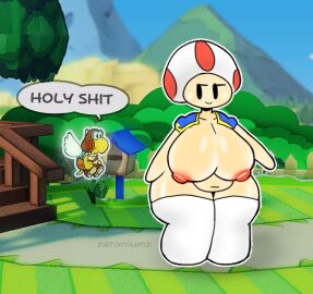 anthrofied ass bad_anatomy breasts chubby_female dialogue female huge_ass huge_breasts mario_(series) mario_bros mushroom_humanoid nude paper_mario paper_mario:_the_origami_king paper_mario_style parakarry public public_exposure public_nudity revealing_clothes shiny_skin teasing thighhighs toad_(mario) what zeraniumz