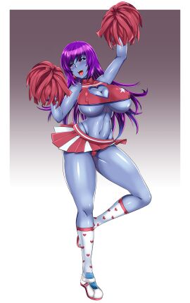 1girls :d aquila_(aquila_and_teren) aquila_and_teren artist_request bare_shoulders belly_button blue_body blue_eyes blue_skin blush breasts cheering cheerleader cheerleader_costume cheerleader_outfit cheerleader_uniform cheerleading cheerleading_pose cleavage cleavage_cutout colored_sclera colored_skin dancing earrings female female_focus female_only happy heart-shaped_cleavage_window heart-shaped_cutout heart-shaped_earrings heart_pattern huge_breasts knee_high_socks knee_highs kneehighs large_breasts legs legwear long_hair miniskirt monster_girl nipple_bulge nipples nipples_visible_through_clothing no_bra open_mouth panties pantyshot pink_sclera pom_poms posing posing_for_the_viewer purple_hair red_panties red_underwear running_shoes short_skirt skirt skirt_up smile socks standing_on_one_leg thick_thighs thighs tongue underboob underwear