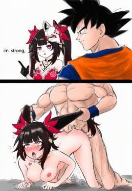 1boy 1girls artist_request backshots crossover defeated defeated_heroine dragon_ball female fucked_from_behind fucked_senseless fucked_silly honkai:_star_rail honkai_(series) hoyoverse instant_loss_2koma male mihoyo son_goku sparkle_(honkai:_star_rail) speech text