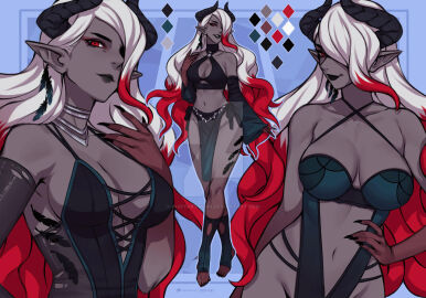 1girls abs belly_button bikini black_fingernails black_lips black_lipstick black_toenails blue_background boob_window breasts char_(inspyart) character_sheet choker color_swatch crop_top demon demon_girl demon_horns deviantart_link deviantart_username earrings elf elf_ears eyelashes eyeliner eyeshadow feather_earrings female femme_fatale forward_facing_horns grey_skin hair_covering_eye hair_over_eyes hair_over_one_eye hand_on_hip hand_on_shoulder horns hourglass_figure inner_sideboob inspyart lipstick loincloth long_fingernails long_hair long_sleeves looking_at_viewer looking_down looking_down_at_viewer mascara medium_breasts multiple_views necklace oc open_toe_shoes original_character painted_nails painted_toenails patreon_logo patreon_username patterned_background red_eyes red_eyeshadow red_hair ripped_clothing round_breasts seductive seductive_look seductive_smile sharp_claws sharp_nose side_eye silver_necklace sleeves_past_wrists sling_bikini slingshot_swimsuit smile smiling thin_waist two-tone_hair underwear victorian_dress white_hair