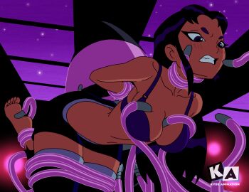 1girls angry_face animated arms_behind_back black_hair black_legwear blackfire blush boobjob breast_grab breasts clenched_teeth clothed_sex clothing dc dc_comics feet female foot_fetish from_behind implied_penetration interspecies kyde legs_together monster pink_tentacles skirt soles suspension tamaranean teen_titans tentacle tentacle_between_breasts tickling tickling_feet wide_hips