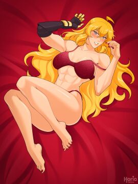 1girls abs blonde_female blonde_hair bra female laying_on_back long_hair long_hair_female panties purple_eyes robotic_arm rwby solo_female underwear yang_xiao_long yellow_nicky_(artist)