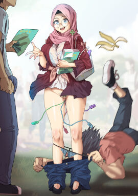 1girls 2boys accidental_erection accidental_exposure asma banana_peel crotchless_panties female flyer hijab hijabi male multiple_vibrators original original_character pants_pull pants_pulled_down pantsed paper pussy pussy_juice pussy_juice_drip see-through_clothing slipped tagme tripping unaware underwear wet wet_pussy