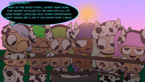 6girls adamation_inc. adamationz animationepic ass big_breasts bikini bikini_bottom bikini_top blue_text bovine bow_(ii) breasts breasts_out cabby_(ii) candle_(ii) clover_(ii) cow_ears cow_girl cow_horns cow_print cow_print_bikini cowbell dark-skinned_female dark_skin dialogue female female_focus green_hair hucow human humanized ii inanimate_insanity inanimate_insanity_invitational lactating lactation male mephone4 milk milking moo_bitch mp1yftfs_(artist) multiple_females multiple_girls nipples object_show object_show_community object_shows offscreen_character offscreen_male osc outdoors outside pink_hair purple_hair speech_bubble tagme tagme_(artist) tea_kettle_(ii) test_tube_(ii) text
