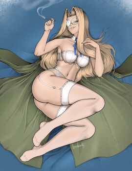 1girls 2024 2d 2d_(artwork) absurd_res artist_name ass blonde_hair blue_eyes breasts cigar cleavage coat erodrunky eyewear female female_only female_protagonist glasses hellsing hi_res human human_only integra_hellsing large_breasts laying_down lingerie lingerie_only long_hair looking_at_viewer lying navel on_bed questionable round_glasses self_upload smile smiling_at_viewer smoking solo solo_female younger_female