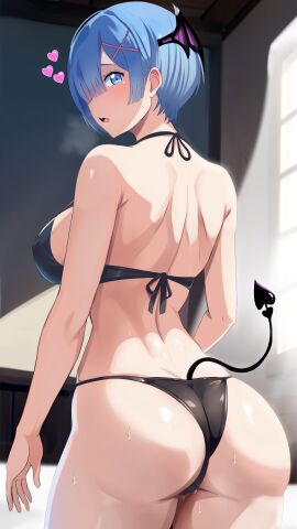 ass behind behind_view big_ass bikini bikini_bottom bikini_strings bikini_top blue_eyes blue_hair bob_cut breasts child_bearing_hips curvaceous curves curvy curvy_body curvy_female curvy_figure curvy_hips daytime demon demon_girl demon_tail female hair hair_ornament heart heart_shaped_tail huge_ass large_ass light looking_at_viewer looking_back open_mouth pointy_tail re:zero_kara_hajimeru_isekai_seikatsu rem_(re:zero) room sexy short_hair shoulder_blades shoulders sideboob succubus succubus_tail sweat swimsuit tail the_amazing_gambit thick_thighs thighs voluptuous voluptuous_female wet wet_body wet_skin
