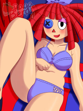 2d 2d_(artwork) artist_request bed bedroom_eyes belly big_breasts blush bra breasts button_eyes cleavage digital_media_(artwork) female female_focus female_only glitch_productions high_heels lingerie midriff panties presenting ragatha ragatha_(the_amazing_digital_circus) red_hair sole_female the_amazing_digital_circus thighs