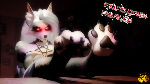 4_toes absurd_res anthro blender_(artwork) blender_cycles breasts canid canid_demon canine canis claws demon digital_media_(artwork) ear_tuft english_text feet feet_on_table female foot_fetish foot_focus fur furry glowing glowing_eyes hair hellhound helluva_boss hi_res long_hair loona_(helluva_boss) mammal mythological_canine mythological_creature mythology occult_symbol pawpads pentagram red_sclera rookieanimator210 soles solo_focus symbol text toe_claws toes tuft white_body white_fur white_hair wolf