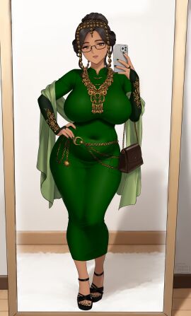 aylin_mataraci_kells belly chain_belt curvy dark-skinned_female earrings feet form_fitting glasses gold_jewelry golden_headwear green_clothing hips large_breasts mature mature_female medusavengeful middle_eastern milf mirror_selfie original original_character panties phone purse rich_bitch rich_female selfie shawl tight_clothing tight_dress turkish_clothing turkish_female