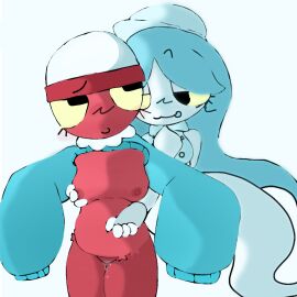 2girls arms_up belly big_eyes blue_body blush blush_crunch_studios blush_lines blushing_at_partner boobs_smaller_than_head bottomless breasts button_gap buttoned_shirt chubby chubby_belly chubby_female connie_(dandy's_world) dandy's_world duo eyelashes female female_only ghost ghost_girl ghost_tail gigi_(dandy's_world) hands_in_lap hat humanoid lesbian light_blue_hair light_blue_skin long_hair long_sleeves macintosh_(artist) malicious_face medium_breasts no_hair no_panties object_head paw_like_hands pawpads playing_with_breasts playing_with_nipple precum precum_drip precum_leaking red_skin roblox roblox_game self_upload shaded sharp_eyelashes silly silly_face sleeveless_shirt tits tongue tongue_out very_long_sleeves yellow_eyes yuri