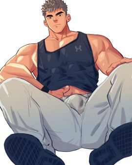 1boy bara bare_pectorals bulge gay gay_male large_pectorals male male_focus male_only muscular muscular_male original original_character pectorals short_hair sweatpants thick_eyebrows yaoi youchi123