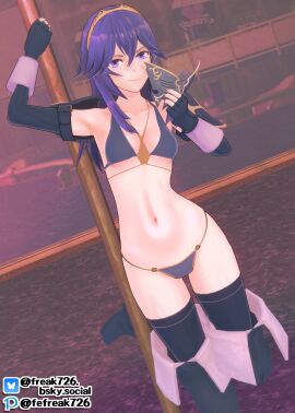 1girls 3d alternate_costume armpits bare_shoulders bare_thighs bikini blue_bikini blue_eyes blue_hair blue_swimsuit boots brand_of_the_exalt breasts chair cleavage collarbone dancer dancing elbow_gloves fefreak726 female female_only fingerless_gloves fire_emblem fire_emblem_awakening gloves hair_between_eyes holding indoors leg_up long_hair looking_at_viewer lucina_(fire_emblem) mask medium_breasts navel nintendo pole pole_dancing pose seductive shoulder_pads shoulders small_breasts smile solo stomach strip_club stripper_pole sweat sweaty swimsuit symbol-shaped_pupils table thigh_boots thighhighs thighs tiara wide_hips