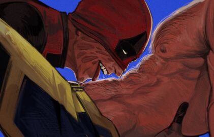 2boys abs bara blue_background bodysuit chest_hair deadpool deadpool_&_wolverine_(2024) gay hairy hands_on_another's_back james_howlett large_pectorals licking licking_abs licking_stomach logan_(x-men) male male_focus male_only marvel marvel_cinematic_universe marvel_comics mask mask_lift multiple_boys multiple_males nipples nomorelemontea pectorals red_bodysuit red_mask scar simple_background superhero_costume teeth thighs tongue tongue_out topless_male two-tone_bodysuit veins veiny_arms wade_wilson wolverine_(x-men) x-men yaoi