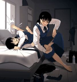 2girls animated barefoot black_eyes black_hair brush chainsaw_man female_only gif hairbrush highres kidetic kusujinn laugh laughing looping_animation mitaka_asa multiple_girls red_eyes school_uniform schoolgirl tickle_torture tickling tickling_feet yoru_(chainsaw_man) yuri