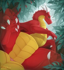 absurd_res animal_genitalia belly claws cloaca dewclaw digital_media_(artwork) digitigrade dragon european_mythology feral finger_claws fog genitals green_eyes hi_res horizontal_cloaca horn leaf male membrane_(anatomy) membranous_wings mr.dager mythological_creature mythological_scalie mythology red_body red_scales red_wings scales scalie scutes solo tail tailbutt thick_tail western_dragon white_claws white_horn wide_crotch wings yellow_belly zetralth