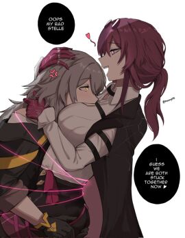 2girls absurdres anger_vein ass ass_grab black_gloves black_shorts breast_press breasts collared_shirt english_text eye_contact eyewear_on_head female from_side gloves grey_hair halterneck hand_on_another's_head head_between_breasts heart high-waist_shorts highres honkai:_star_rail honkai_(series) hug jacket jacket_on_shoulders kafka_(honkai:_star_rail) large_breasts long_hair looking_at_another masoq095 multiple_females multiple_girls open_mouth pantyhose pantyhose_under_shorts ponytail profile purple_eyes purple_gloves purple_hair purple_pantyhose restrained round_eyewear shirt shorts simple_background smile speech_bubble stelle_(honkai:_star_rail) sunglasses teeth twitter_username upper_teeth white_background white_shirt yellow_eyes yuri