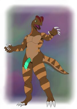 anthro bodily_fluids claws devus_the_dilophosaurus dilophosaurid dilophosaurus dinosaur erection genital_fluids genitals hi_res male male_only nude penis precum reptile scalie solo tail teeth theropod zelk