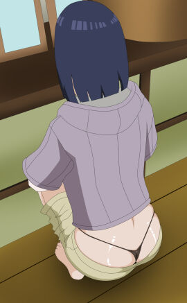 1girls ass clothing feet female g-string hyuuga_hinata indoors naruto naruto_(series) panties rantuahelax short_hair shorts sitting solo squatting thong