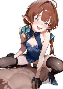 1boy absurdres bar_censor black_thighhighs blue_dress blue_eyes blue_shoes breasts brown_hair censored clothed_female_nude_male clothed_sex clothing_aside commentary cowgirl_position dress eco_376124 female has_bad_revision has_censored_revision highres md5_mismatch nude open_mouth original pelvic_curtain pelvic_curtain_aside penis pointy_ears pussy sex shoes small_breasts squatting_cowgirl_position straight thighhighs twintails vaginal_penetration