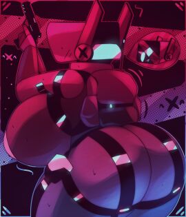 2024 2d areolae ass back_view backpack backview big_ass big_breasts big_butt blue_background breasts breasts_bigger_than_head female gun hand_on_breast holding_object lights ludicrousspeeds metallic_body nipples pink_background pink_body robot robot_girl screw shaded smug solo speech_bubble stripes tosty_(ludicrousspeeds)