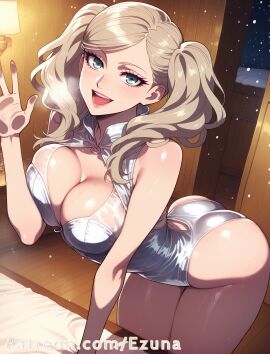 ai_generated ann_takamaki big_ass big_breasts big_butt big_thighs blonde_hair blue_eyes blush ezuna huge_ass huge_breasts huge_butt huge_thighs persona persona_5 silver_clothing silver_leotard wanuze wide_hips