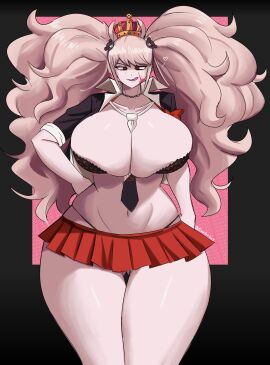 1girls alternate_body_type alternate_breast_size alternate_costume ass_visible_through_thighs blood_on_face bra breast_expansion breast_growth breast_growth_(enlargement) breasts cleavage crown danganronpa emmarrgus evil evil_smile female female_only growth hair_ornament hand_on_hip heart huge_breasts implied_growth implied_transformation junko_enoshima licking_own_lips lingerie long_hair miniskirt navel panties pink_hair red_eyes revealing_clothes rolled_up_sleeves skindentation thick_thighs thong_straps tie_between_breasts transformation twintails very_long_hair