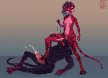 4_fingers 4_toes agna_(lirium_chevalier) anthro areola balls bodily_fluids bondage breasts chains collar cum cumshot cunnilingus digital_media_(artwork) dominant dominant_female duo ear_piercing ear_ring ejaculation erection feet felid female fingers foot_fetish foot_play footilingus footjob fur genital_fluids genitals hair hi_res humanoid_genitalia humanoid_penis leash leash_pull leashed_collar lirium_chevalier male male/female mammal nipples nude open_mouth oral pantherine penis piercing pussy ring_piercing sex simple_background smile spread_legs spreading standing submissive submissive_male tail tiger toes tongue tongue_out vaginal_penetration vein veiny_penis