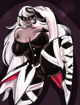 1girls bitterbunz black_lipstick carmilla_carmine clothed eye_contact female grin hazbin_hotel leg_up vivienne_medrano