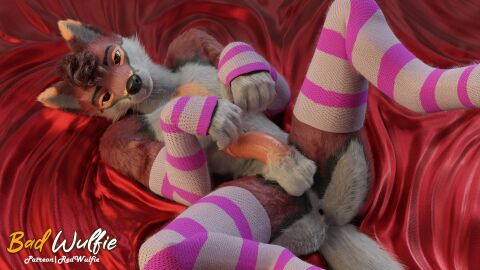 absurd_res anthro anus balls canid canine canis clothing daijawolf genitals hi_res humanoid_genitalia humanoid_penis legwear male mammal pattern_clothing pattern_legwear pattern_stockings penis red_wulfie solo stockings striped_clothing striped_legwear striped_stockings stripes wolf