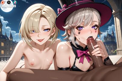 ahe_gao ai_generated assisted_fellatio blowjob fellatio femboy freminet_(genshin_impact) lyney_(genshin_impact) male_on_femboy pov shorthair threesome trap trapaaa99 yaoi