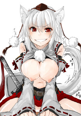 1boy animal_ear_fluff animal_ears bar_censor belt black_skirt breasts breasts_out brown_belt censored clothes_lift commentary_request cowgirl_position detached_sleeves female grin hands_on_another's_chest hat inubashiri_momiji large_breasts long_sleeves looking_at_viewer male midriff momiji_inubashiri navel nipples pom_pom_(clothes) pov red_eyes red_hat red_skirt ribbon-trimmed_sleeves ribbon_trim shield shirt shirt_lift skirt smile straddling sword tail tokin_hat touhou translation_request two-tone_skirt v-shaped_eyebrows weapon white_hair white_shirt wide_sleeves wolf_ears wolf_girl wolf_tail yami_shigeru