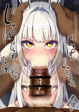 1boy 1girls ass balls bar_censor big_ass big_breasts big_penis blanc_(nikke) blowjob blush breasts bunny_ears bunny_girl bunnysuit censored dark-skinned_male dark_skin erection facefuck fellatio female goddess_of_victory:_nikke hair_intakes human_toilet human_urinal japanese_text large_breasts male male_pubic_hair maledom meat_toilet ninopal penis pubic_hair_in_mouth public_restroom public_sex smegma smegma_in_mouth squatting stray_pubic_hair testicles thick_thighs white_hair yellow_eyes