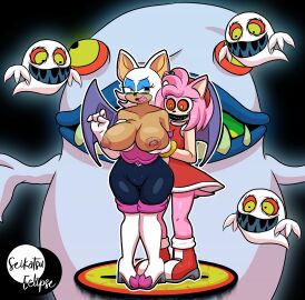 absurd_res accessory amy_rose anthro areola armwear bat bat_wings big_breasts black_background black_nose black_teeth blue_bodysuit blue_clothing blue_eyeshadow blue_skinsuit bodysuit boo_(sonic) boots bracelet breast_grab breasts brown_areola brown_body brown_fur brown_nipples clothed clothing dress duo elbow_gloves eulipotyphlan exposed_breasts eyelashes eyeshadow female footwear fur ghost gloves green_eyes hair_accessory hairband hand_on_breast handwear head_tuft hedgehog hi_res huge_breasts jewelry king_boom_boo knee_boots knee_highs legwear makeup mammal membrane_(anatomy) membranous_wings nipples open_mouth pink_body pink_fur pink_hair possession purple_wings red_boots red_clothing red_dress red_eyes red_footwear rouge_the_bat sega seikatsueclipse sharp_teeth shoes short_hair simple_background skinsuit smile sonic_(series) sonic_the_hedgehog_(series) spirit tan_body tan_fur teeth thick_thighs tight_clothing topless tuft white_body white_boots white_clothing white_footwear white_fur white_gloves white_handwear wide_hips wings