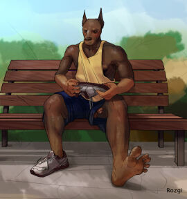 5_fingers 5_toes anthro balls barefoot bench bottomwear canid canine canis clothed clothing digital_media_(artwork) dobermann domestic_dog feet fingers flaccid footwear foreskin fur genitals hi_res holding_clothing holding_footwear holding_object holding_shoes humanoid_feet humanoid_genitalia humanoid_hands humanoid_penis male mammal on_bench partially_retracted_foreskin penis pinscher plantigrade poking_out retracted_foreskin rozgi shirt shoes shorts sitting soles solo tank_top toes topwear uncircumcised
