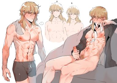 1boy ? abs ares_(fire_emblem) brown_eyes brown_hair bulge byebyefrog completely_nude fire_emblem fire_emblem:_genealogy_of_the_holy_war male male_only male_pubic_hair masturbation medium_hair mouth_hold multiple_views muscular muscular_male naked_shirt nintendo nude nude_male open_clothes open_shirt penis penis_bulge pubic_hair shirt shorts sitting sweat towel towel_around_neck underwear