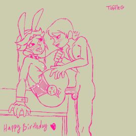 1boy 1girls animated animated_gif birthday birthday_sex blush bouncing_breasts breasts bunny_costume clothing costume dimples_of_venus eye_contact fake_animal_ears feet_out_of_frame female frame_by_frame gif hair hair_bun happy_birthday leash_and_collar leashed_collar line_art low_res male on_table restricted_palette roughlove69 sex simple_background standing twisted_torso