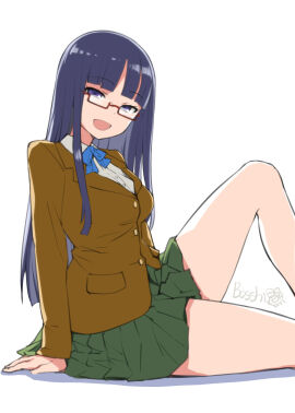 artist_name artist_signature bangs black_hair blunt_bangs bosshi clothed clothing female female_only futabu glasses highres hime_cut legs light-skinned_female light_skin long_hair looking_at_viewer oohashi_sumika purple_eyes purple_hair school_uniform simple_background sitting skirt solo thick_thighs thighs white_background