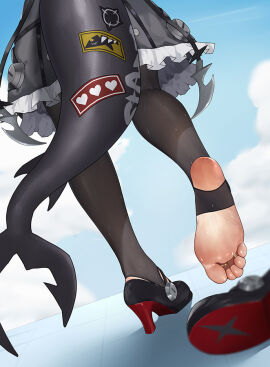 1girls black_pantyhose ellen_joe feet female female_only foot_fetish foot_focus frilled_dress from_behind high_heels shark_girl shark_tail shoes sky soles stirrup_legwear summer_(artist) sweat tail toe_ring toes unworn_shoes zenless_zone_zero