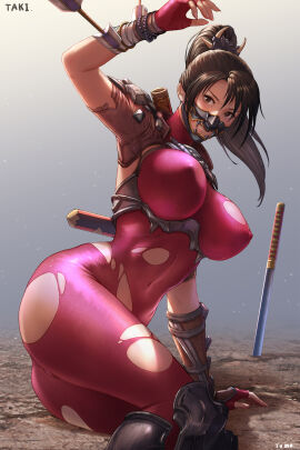 absurdres armor artist_name ass bodysuit breasts brown_eyes brown_hair covered_erect_nipples covered_navel dirt female gloves highres impossible_bodysuit impossible_clothes large_breasts looking_at_viewer mask namco navel ninja nipples on_ground ponytail red_bodysuit scabbard sheath short_sword simple_background sitting sitting_sideways skin_tight solo soul_calibur soul_calibur_vi sword taki thighs tomo_eokaiteru torn_bodysuit torn_clothes weapon whip_sword