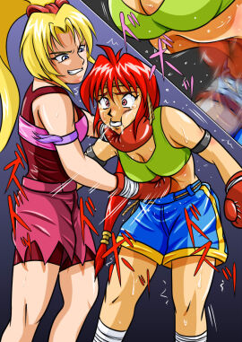 2girls ayane's_high_kick ayane_mitsui belly belly_punch big_breasts blonde_hair boxing_gloves breasts catfight colored crying crying_with_eyes_open doujin doujinshi duo female female_focus female_only fight fist gloves large_boobs large_breasts multiple_females multiple_girls red_boxing_gloves red_eyes red_gloves red_hair ryona sakurako_miyagawa solar_plexus tears tears_of_pain