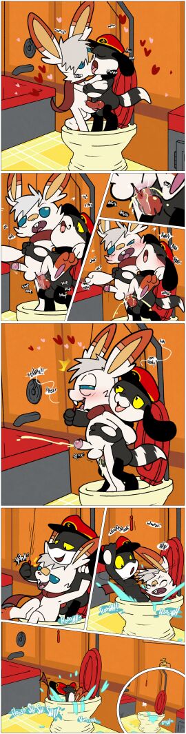absurd_res anal anal_sex animal_genitalia animal_penis argon_vile balls bathroom blush bodily_fluids body_in_toilet border canine_genitalia canine_penis clothing comic cum cum_inside cum_on_ground cum_while_penetrated cumming_while_penetrating dialogue duo ejaculation fan_character flush_(sound_effect) flush_vore flushed_down flushing_toilet frottage garuu_(tooncat) generation_4_pokemon generation_8_pokemon genital_fluids genitals hat hat_only headgear headgear_only headwear headwear_only heart_symbol hi_res humanoid_genitalia kissing knot knotted_penis making_out male male/male male_penetrated male_penetrating male_penetrating_male moan mostly_nude nintendo nude onomatopoeia penetration penile penis penises_touching pokemon pokemon_(species) riolu scorbunny sex sound_effects text toilet water white_border