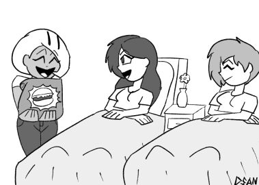 3girls artist_signature bag bed bed_sheet burger dirty_pair drawer dsan63255 female flower flower_pot food greyscale jacket jeans kei_(dirty_pair) laying_on_bed original sandra_(dsan63255) smiling white_hair yuri_(dirty_pair)